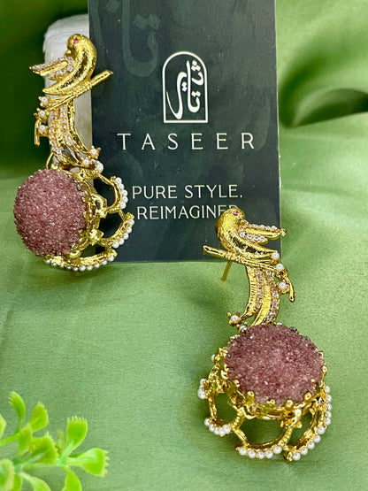 Earrings - Parrot Crushed Stones Long Earrings - Burgandi