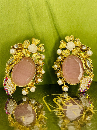 Earrings - Turkish Stones Ovl Floral Studs - Pink