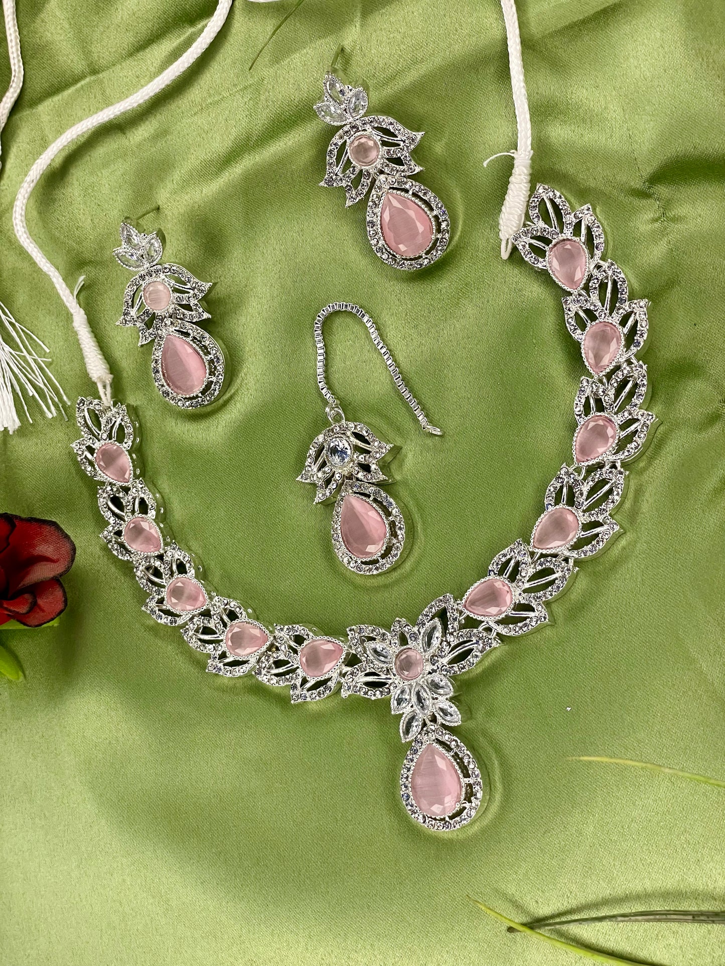 American Diamond Necklace Set - Kanti Set - Silver Pink
