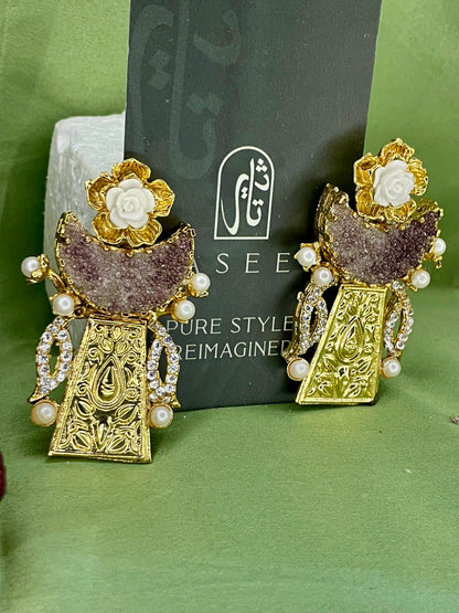 Earrings - Moon Crushed Stones - Egyptian Style - Brown
