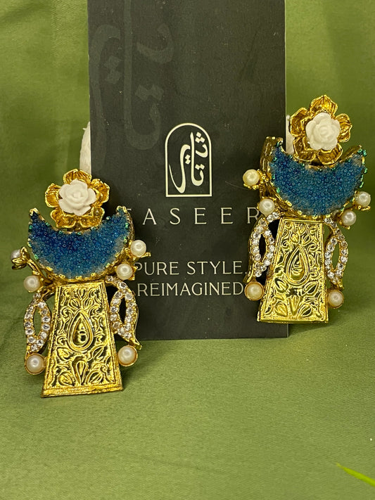 Earrings - Moon Crushed Stones - Egyptian Style - Pale Blue