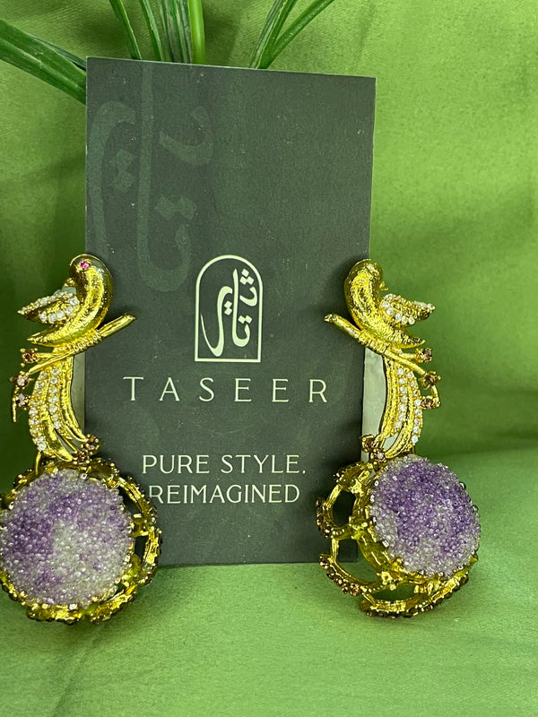 Earrings - Parrot Crushed Stones Long Earrings - Purple