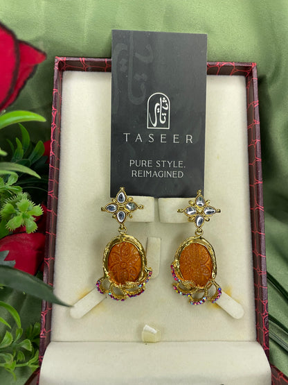Earrings - Hand Crafted Carving - Rusty Orange