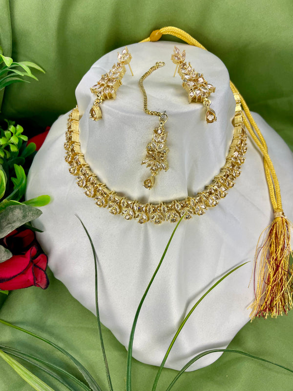 American Diamond Necklace Set - NK024 - Golden