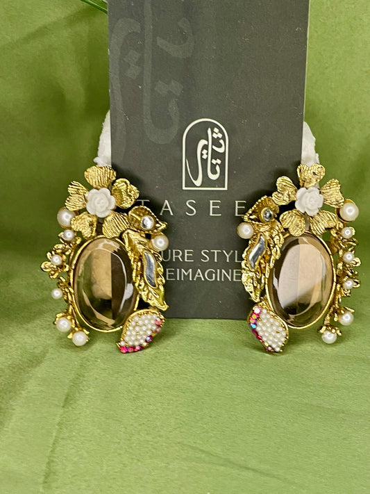 Earrings - Turkish Stones Ovl Floral Studs - Golden