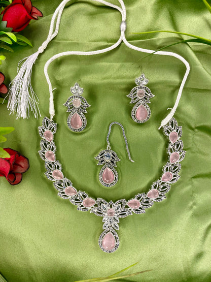 American Diamond Necklace Set - Kanti Set - Silver Pink