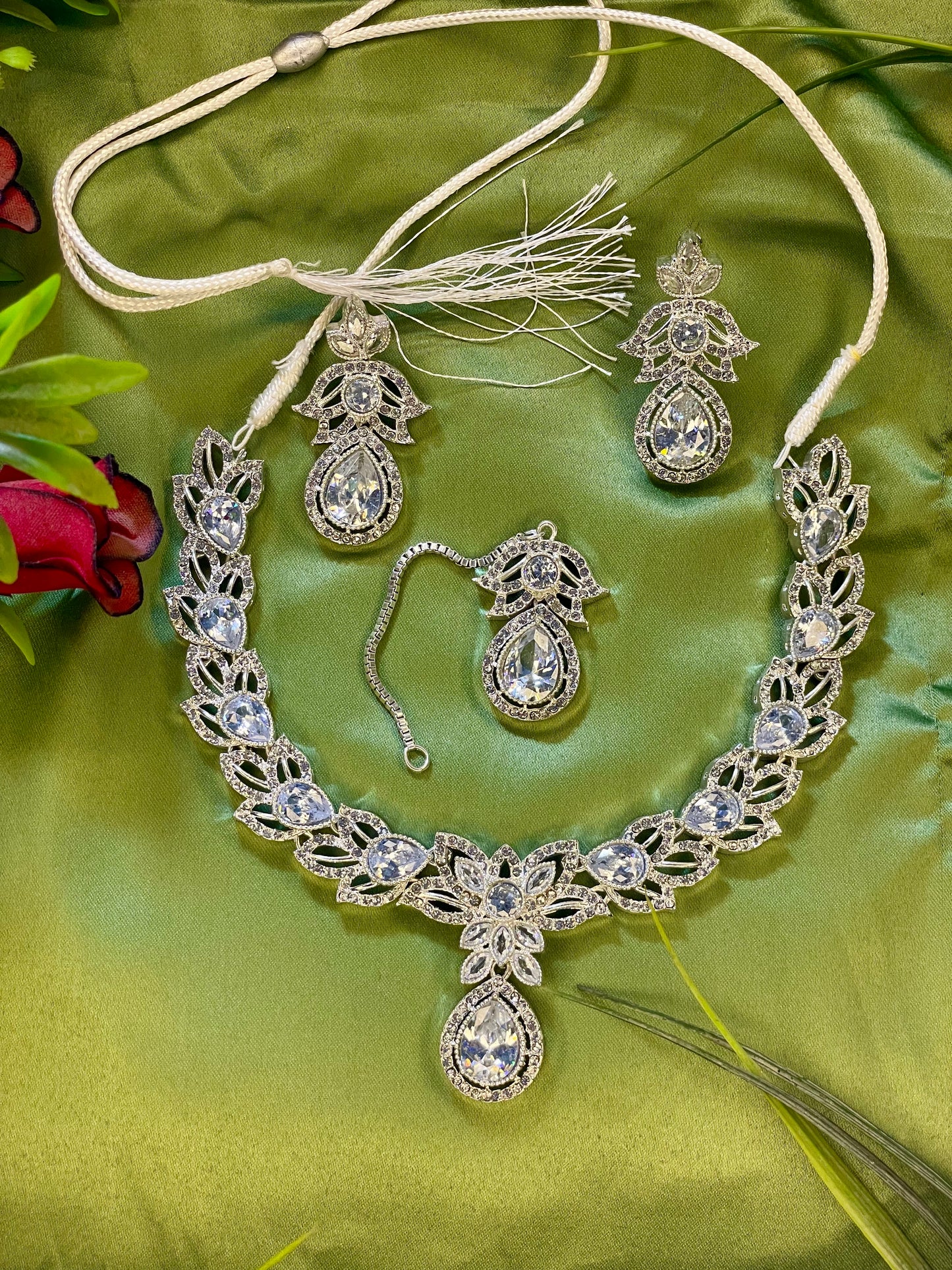 American Diamond Necklace Set - Kanti Set - Silver