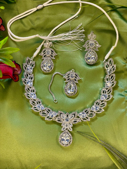 American Diamond Necklace Set - Kanti Set - Silver