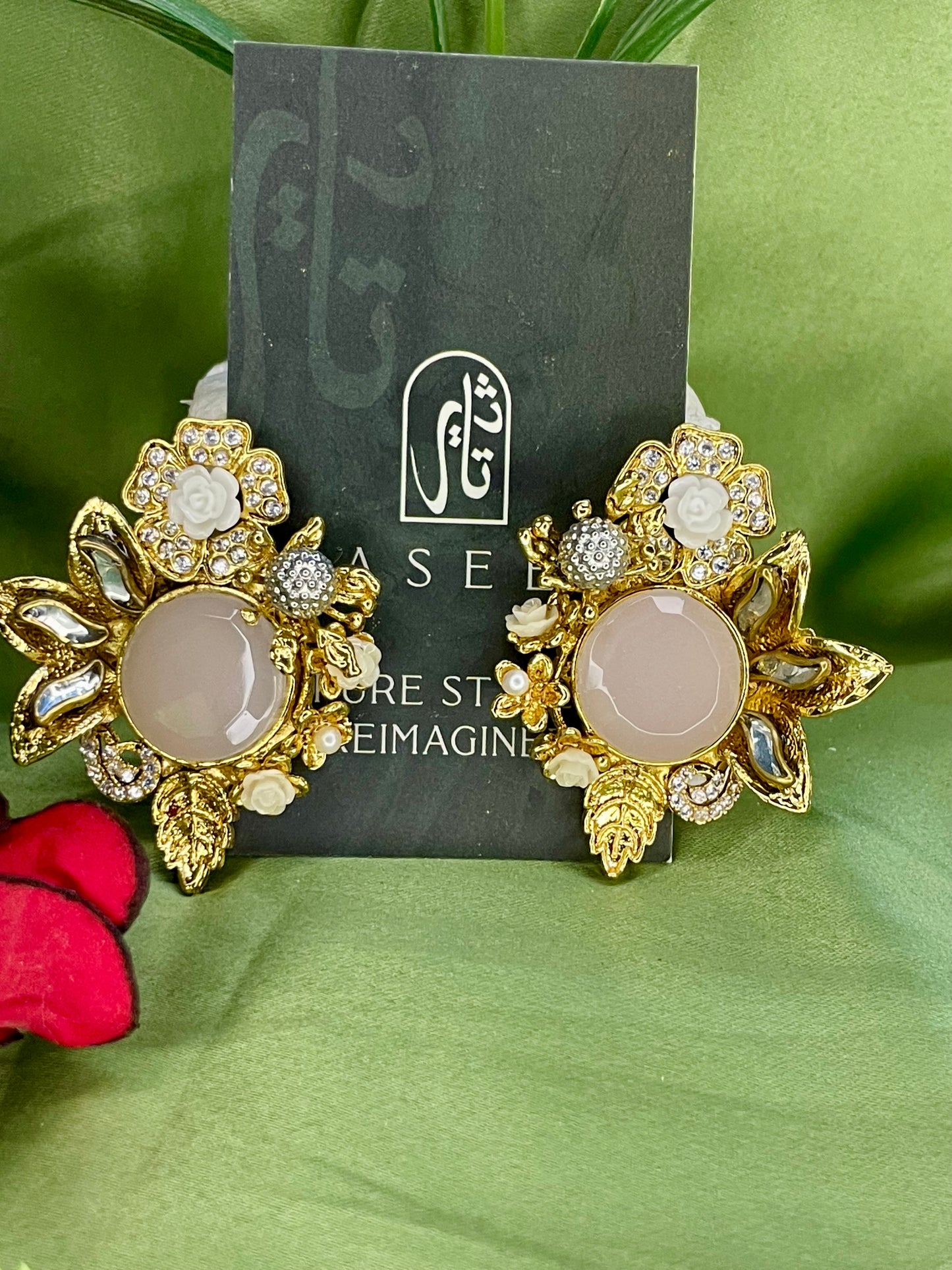 Earrings - Designer Semi Precious Stones Studs - Pink