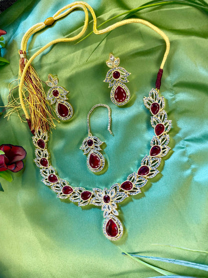 American Diamond Necklace Set - Kanti Set - Red