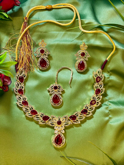 American Diamond Necklace Set - Kanti Set - Red