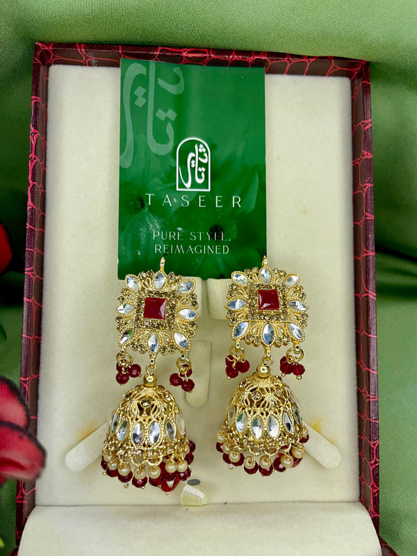 Earrings Bahawalpuri Kundan Jhumka - Red - TER05