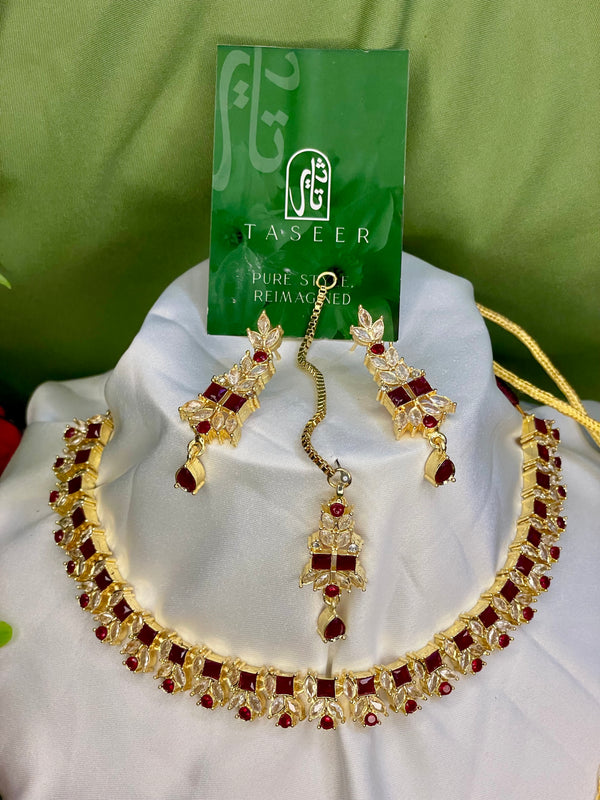 American Diamond Necklace Set - NK024 - Red