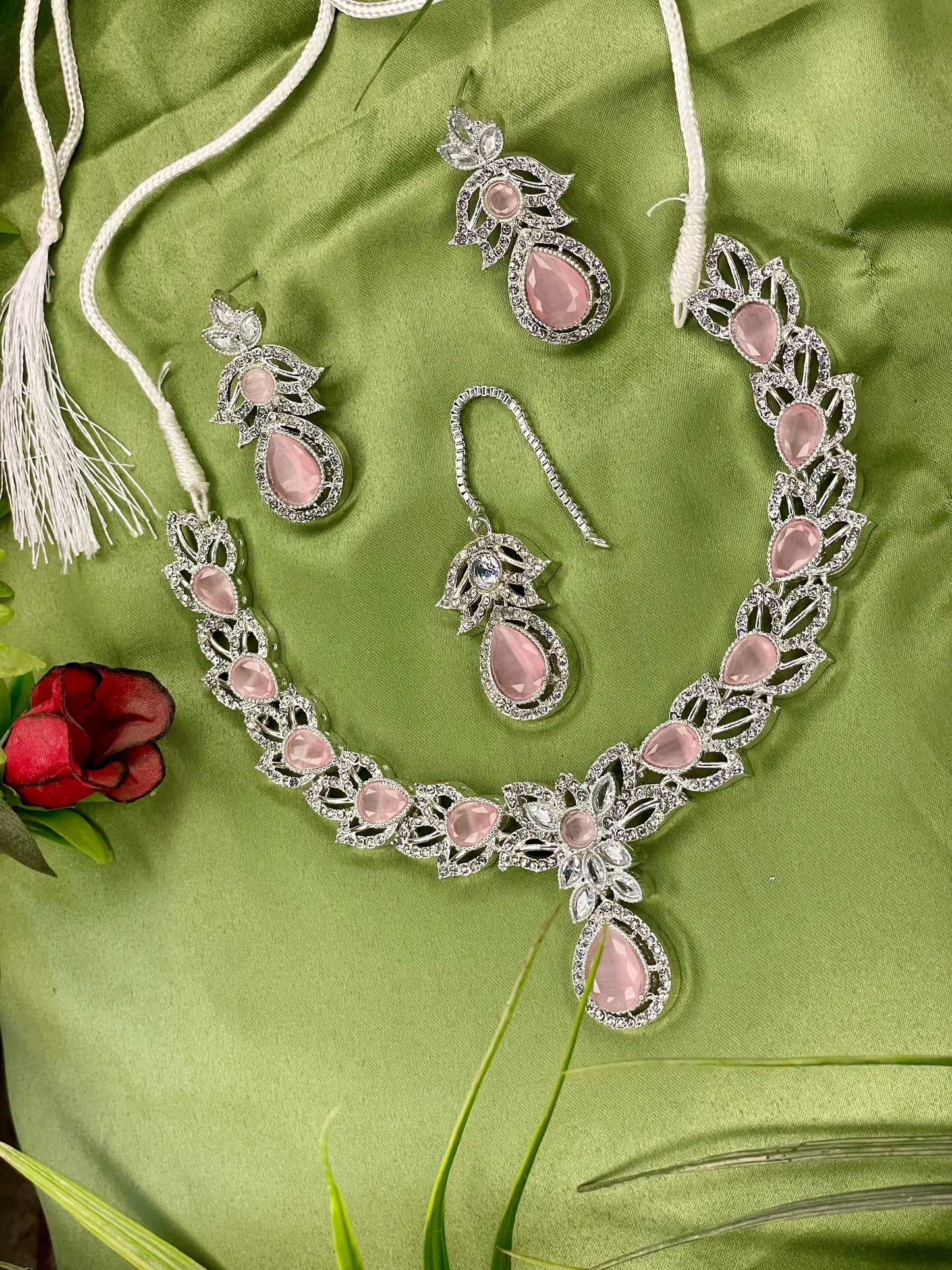 American Diamond Necklace Set - Kanti Set - Silver Pink