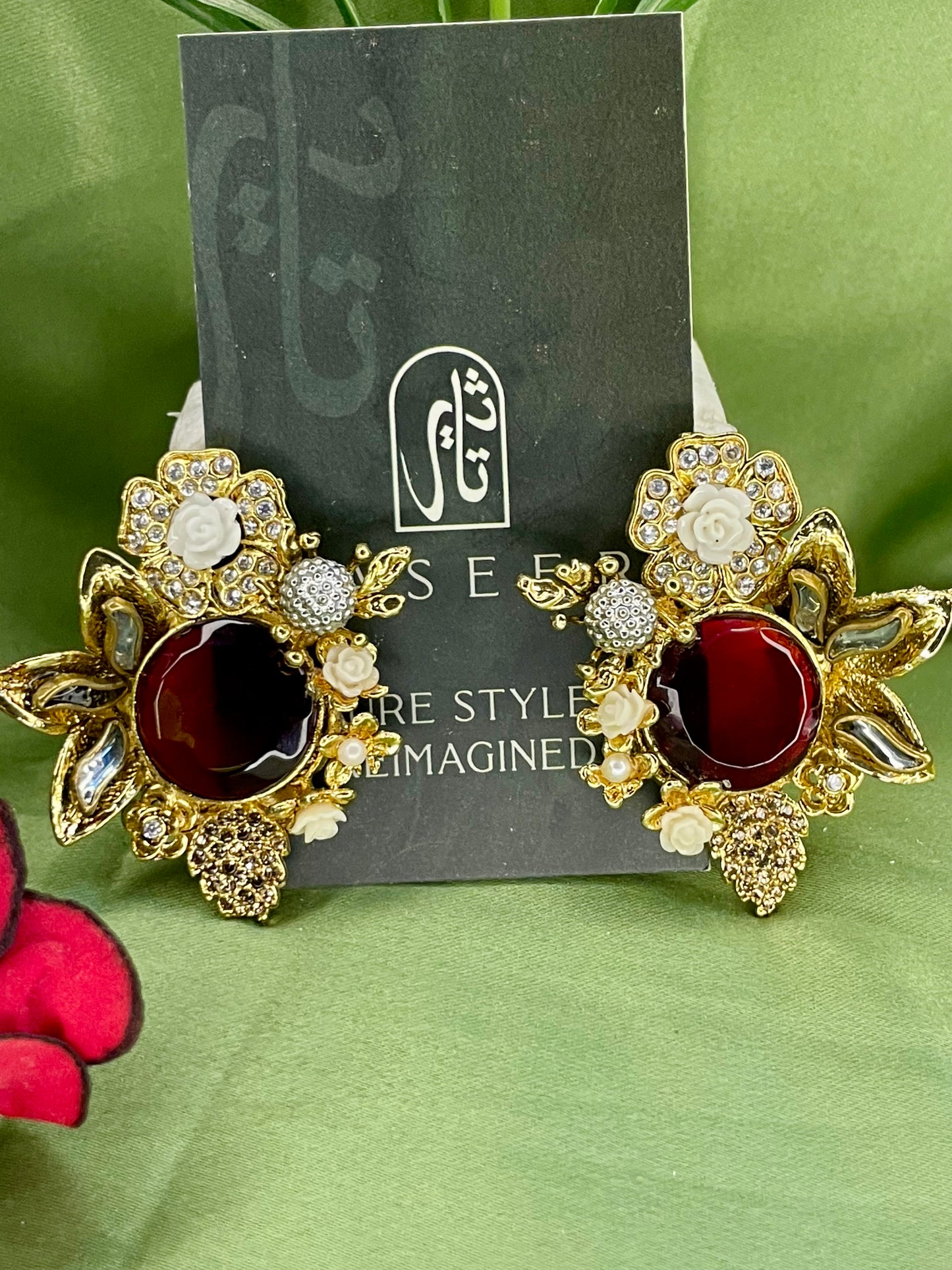 Earrings - Designer Semi Precious Stones Studs - Red