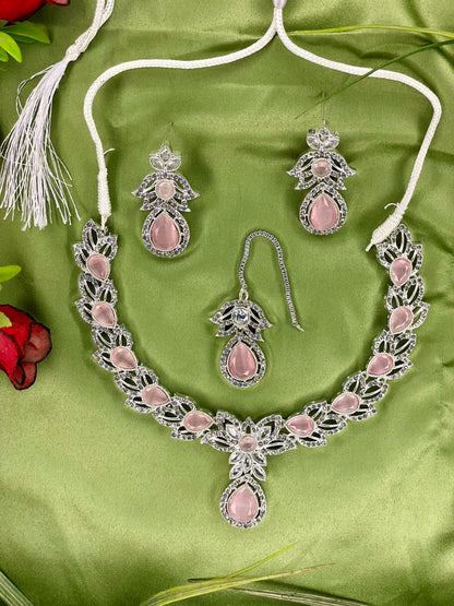 American Diamond Necklace Set - Kanti Set - Silver Pink
