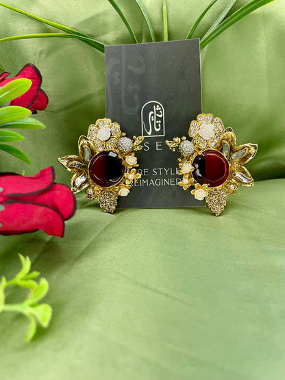 Earrings - Designer Semi Precious Stones Studs - Red