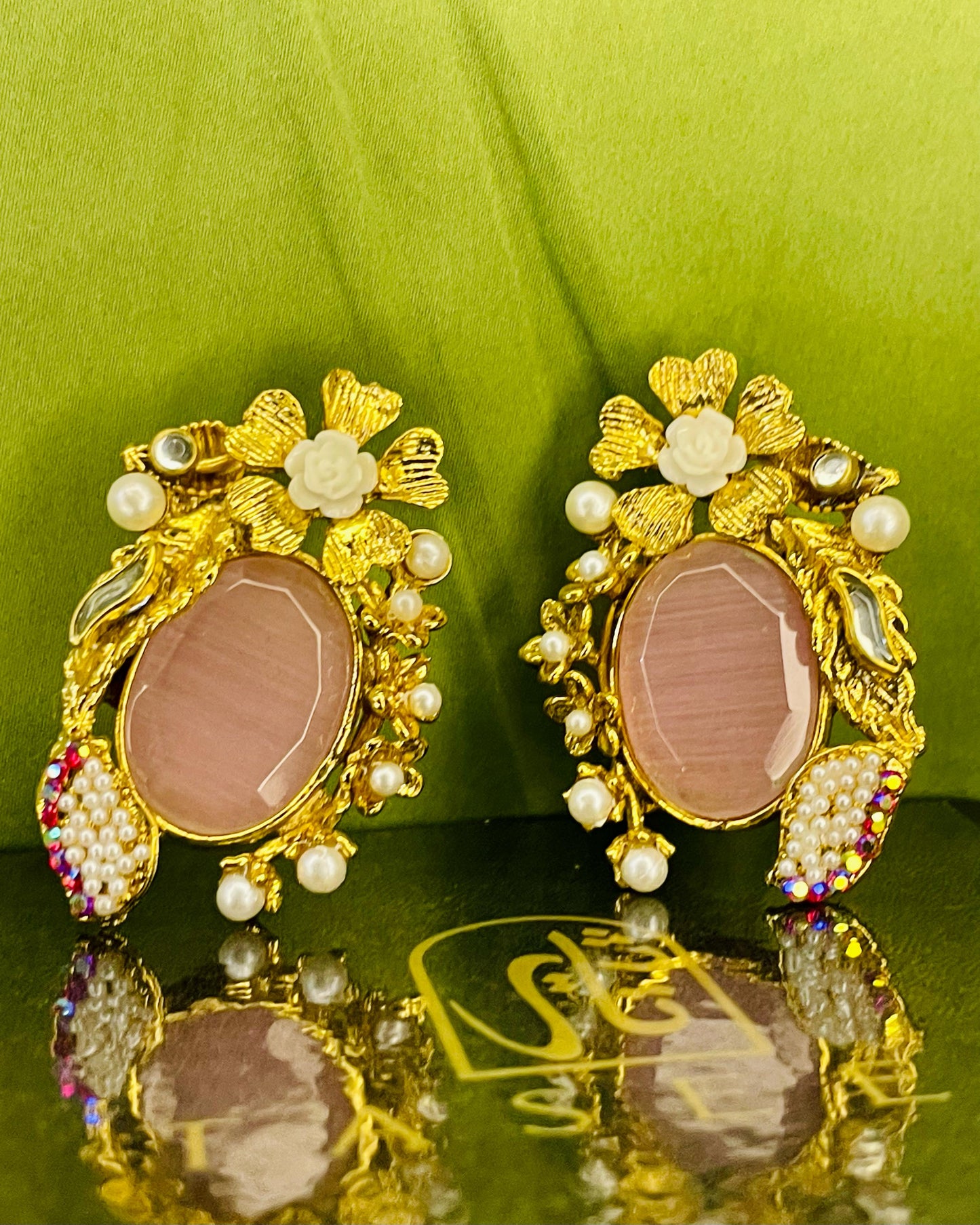 Earrings - Turkish Stones Ovl Floral Studs - Pink