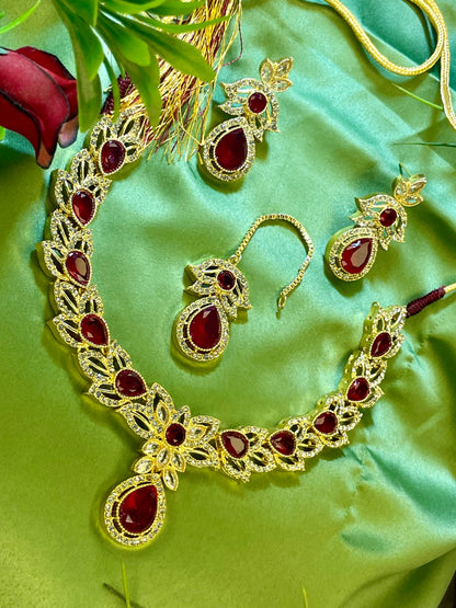 American Diamond Necklace Set - Kanti Set - Red